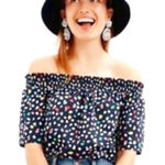 J.Crew  Ratti Navy with Colored Polka Dots Off Shoulder Top Size 8 Whimsical​​ Photo 0