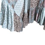 Umgee  Women Kimono Cardigan S/M Blue Mixed Print Ruffle Hem Boho Artsy Patchwork Photo 5