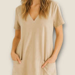 209wst38 Midi Tan Suede Like Pocket Dress Women’s Size Small Modern Classic Chic Photo 0