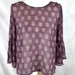 Rewind Long bell sleeve mauve semi sheer top with lace detail size large Photo 0
