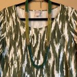 Chico's Size 0/S/4 Olive Green Ivory Batik Short Sleeve Slinky Knit Midi Dress Photo 6