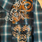 GRACE IN LA  Teal and Orange Embroidered Plaid Shirt New Without Tags Photo 3