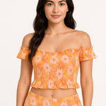 Cotton On Women's Orange Pink Floral Smocked Off-Shoulder Crop Top 14 Photo 0