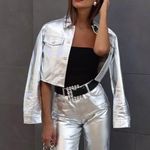 ZARA Z1975 STRAIGHT-CUT HIGH-WAIST METALLIC JEANS SILVER CROP SIZE 2 NEW Photo 5