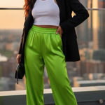 Assembly New York Neon Green Satin Wide Leg Pants Trousers Viscose Rayon Small Photo 0