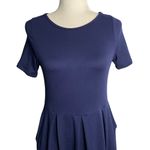 24 Seven Comfort Apparel Pleated Midi Dress S Navy Blue Short Sleeves Pockets Photo 1