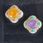 14K RARE Yellow Gold Bezel Amethyst Turquoise Quatrefoil White Agate Ring S 6.5 Photo 15