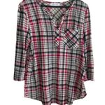 Eden & Olivia Top Women L Black Red Split Neck 3/4 Roll Tab Sleeve Plaid Popover Photo 0