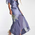 Topshop  Satin Mixed Fabric Hi Low Maxi Dress Navy Size 6 Photo 0