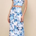 Lulus Sweet Wonder White and Blue Floral Sleeveless Pleated Crop Top Photo 1