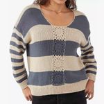 O'Neill Sweater Womens Size L Blue Cream Stripe Crochet Y2K Beachy Coastal Boho Photo 0