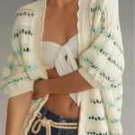 Maeve  Anthropologie open stitch Cream Blue Knit cocoon Cardigan XS/S short Photo 0
