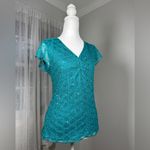 Wrapper Vintage Y2K  Teal Sequined V-Neck Short Sleeve Blouse Photo 2