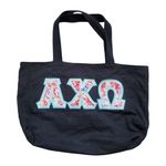 Alpha Chai Omega Tote Bag Black Embroidered Floral Logo Initials Pockets 16"x10" Photo 6