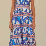 Farm Rio NWT  Blue Foliage Off White Tiered Flowy Midi Sun Dress Floral Pink XXS Photo 0