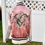 Haute Monde Floral Embroidered Pink Satin Quilted Bomber Jacket Photo 6