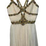 NWT Mandalay White Silk Gold Gray Beaded Cutout Midi Evening Gown Dress Womens 2 Photo 2