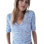 ZARA New  Floral Print Tulle Top Ruched V Neck Elbow Sleeve Shirt Blue Photo 4