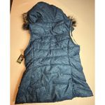 Green Tea  Women's Denim Look Puffer Vest Hooded Faux Fur Trim Medium Photo 5