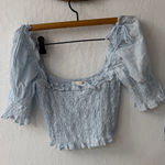 Beige Botany Blue Eyelet Smocked Crop Tie Shoulder Puff Sleeve Floral Blouse M Size M Photo 0