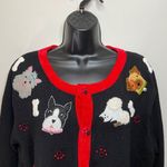 Dog Puppy Novelty Print Red Black Crochet Knit Cardigan Sweater Sz Large Vintage Photo 1