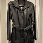 Worthington Size S 100% Leather Black Full Zip MidI Belted Tench Coat Like New Photo 0