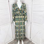 ZARA  Geometric Print Sateen Maxi Dress Green Blue Tan Long Sleeve Small Photo 1
