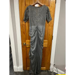 Tadashi Shoji  Beaded Top Grey Ruched Feminine Maxi Evening Romantic Gown Size 6 Photo 5