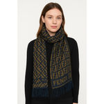 Fendi  Navy Blue Tan Wool Silk Scarf with Decorative Tassels Photo 12