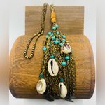 Handmade NWT Boho Turquoise & Shell Cluster Necklace Antique Gold Tone Chain Coins Beachy Photo 1