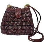 Vintage Boho Brown Faux Leather Bucket Bag Purse Handbag Brown Basket Weave Photo 0