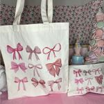 Pink Bow Canvas Tote and makeup bag White Photo 1