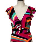 Trina Turk NWT Gemini Ruffle V Neck Tie Back Maillot One Piece Swimsuit Photo 0