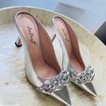 JiaBinji  Heeled Mules Chain Embellished Pointed Toe Stiletto Mules for Women Slip on Backless Party Bridal Shoes Silver Size 5.5 Photo 1
