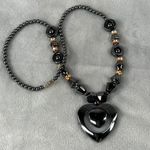 Black Hematite Beaded Necklace Heart Pendant Orange Silver Tone Accents Photo 1