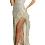 Jovani  Strapless Feather Trimmed High Slit Prom Pageant Gown Cream Size 0 NWT Photo 0