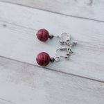 Vintage Clip On Earrings Dark Red Patterned Ball Dangle Photo 1