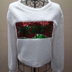 MERRY Fuzzy Sweater with Red and Green Sequin Design White Photo 0