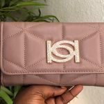 Bebe NWOT Brown pink leather clutch wallet gold rhinestone logo pouch wristlet cardholder Photo 0