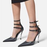 Versace  Pin-Point Gray Leather Pumps Mixed Metal Stiletto Heels Buckle Straps Photo 1