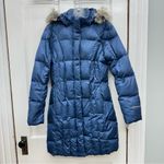 Eddie Bauer Goose Down filled hooded navy winter coat women's small. Puffer Photo 2