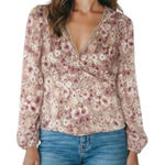 Lush Clothing NWT Lush Floral V-Neck Long Sleeve Open Cut Out Back Satin Blouse SMALL Photo 0