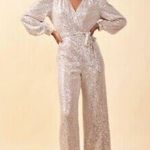 Skies Are Blue Long Sleeve Sequined Wide Leg Champagne Jumpsuit size S NWT Photo 0
