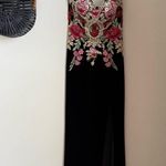Blondie Nites Black Floral Suede Applique Slit Strapless Gown, Size 5 Photo 0