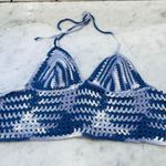 Handmade‎ Crochet Halter Top Blue White Striped Cropped Festival Summer Size M Photo 0