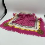 Henri Bendel  Knit Pink Yellow Ivory Logo Fringe Scarf Square Photo 4