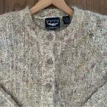 Vintage Mohair Blend Melange Knit Cardigan Sweater in Heather Oatmeal Large Gray Photo 1