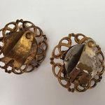 Victorian Pearl Bead Rhinestone Dark Gold tone Clip Vintage Statement Earrings Photo 3