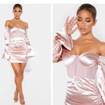 Pretty Little Thing  Dusty Pink Bardot Satin Mesh Insert Ruched Bodycon Dress Photo 0