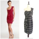 Nanette Lepore One Shoulder Cocktail Dress Mini Sheath Draped Plaid Gray Size 6 Photo 2
